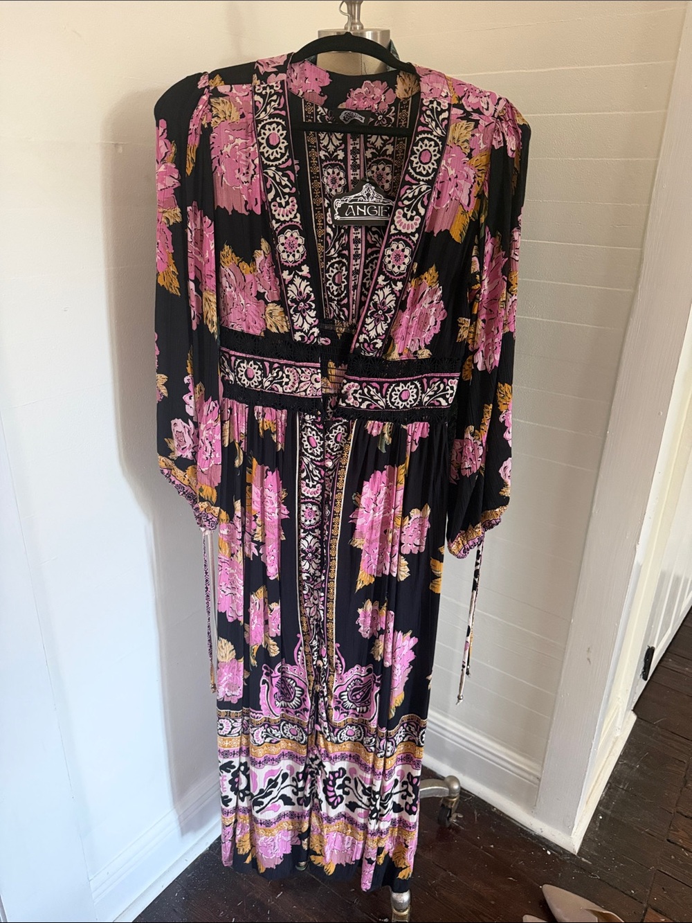 Angie Black Maxi Dress with Pink & Gold Floral Motif